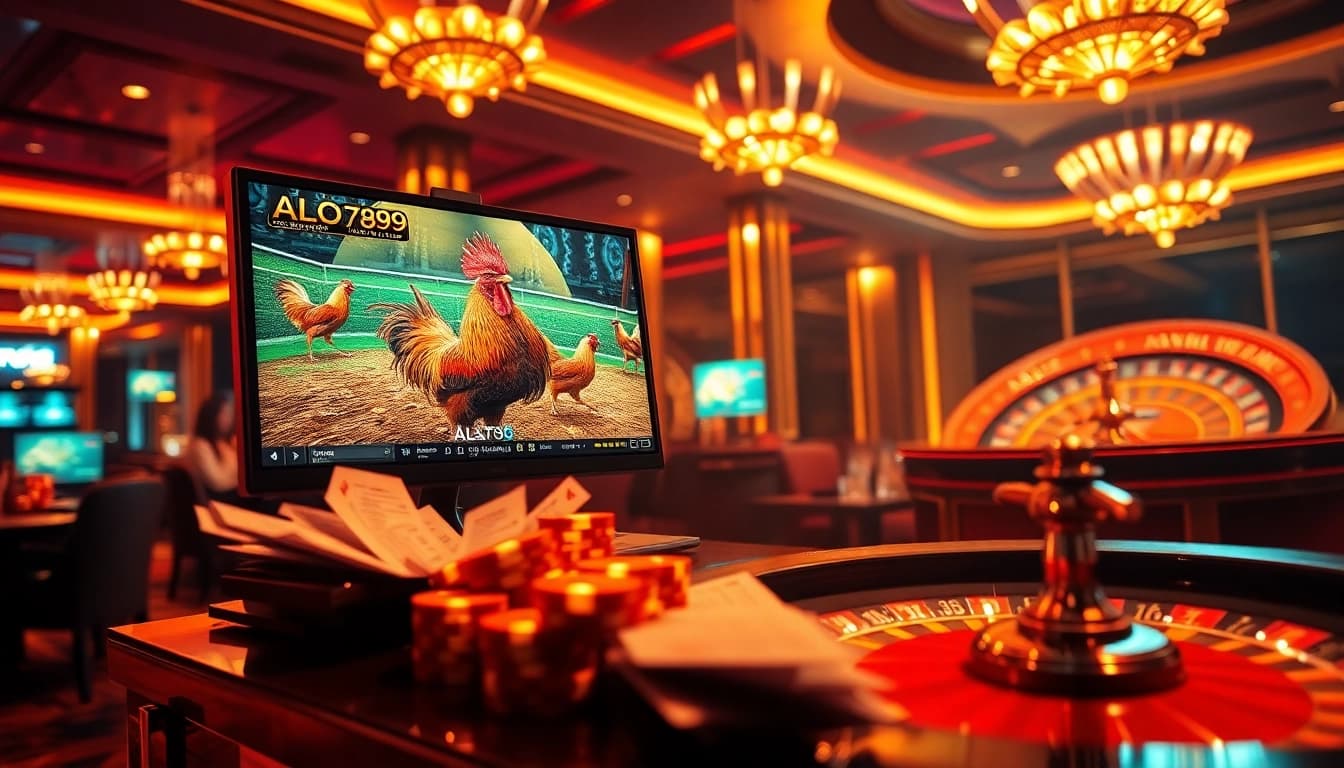 Betting excitement on ALO789 đá gà Thomo enhanced by dynamic casino atmosphere and live rooster match.