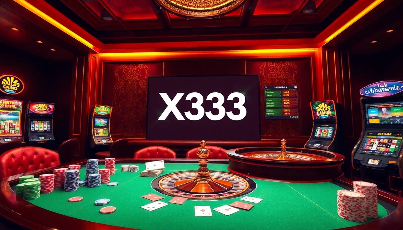 X333 logo shines at a vibrant casino table filled with poker chips and thrilling slot machines.