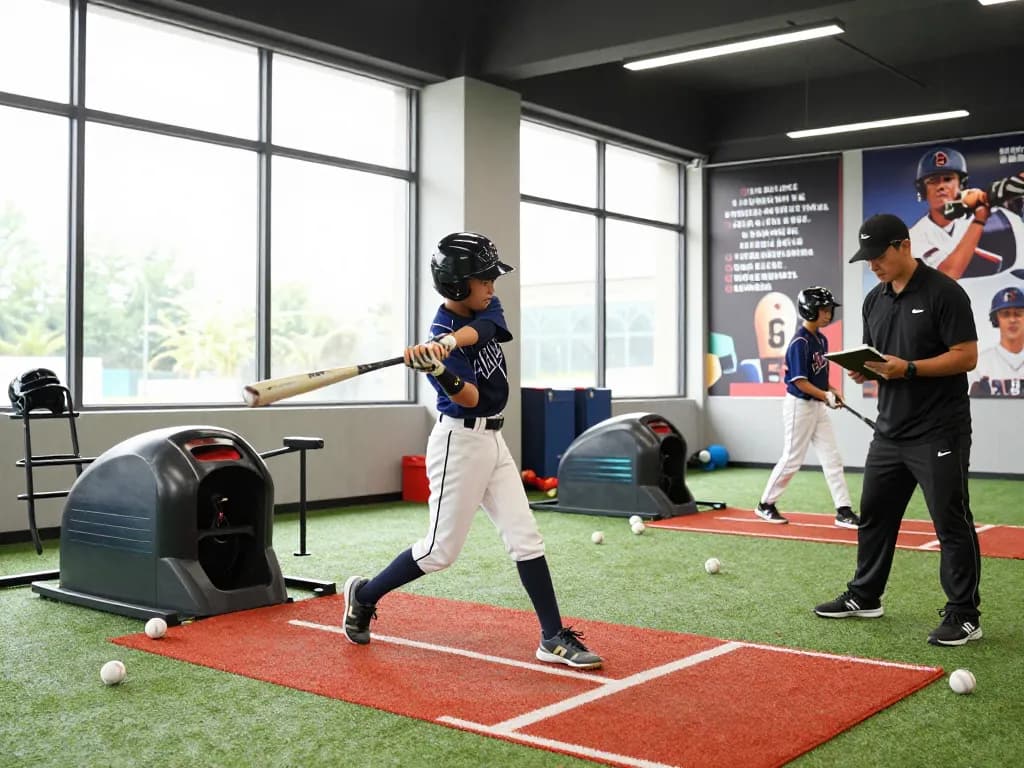Young athlete training at hitclub baseball facility with a batting machine.