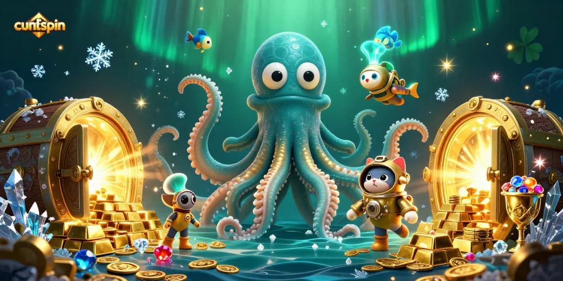 Experience the thrill of cuntspin amidst a vibrant treasure scene with a colossal kraken and diving cat.
