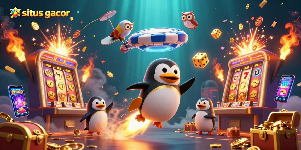 Experience the excitement of situs gacor as a golden penguin propels through space towards a vibrant casino.