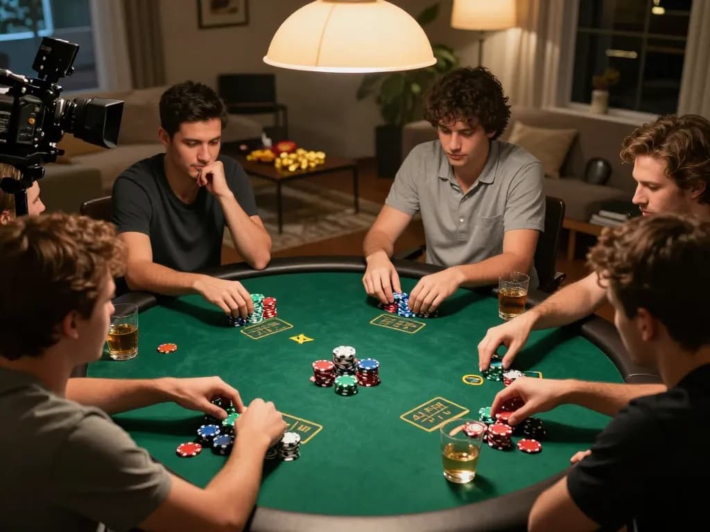 Friends strategizing their next move while playing poker at home, showcasing https://mm88.green/ active gameplay.