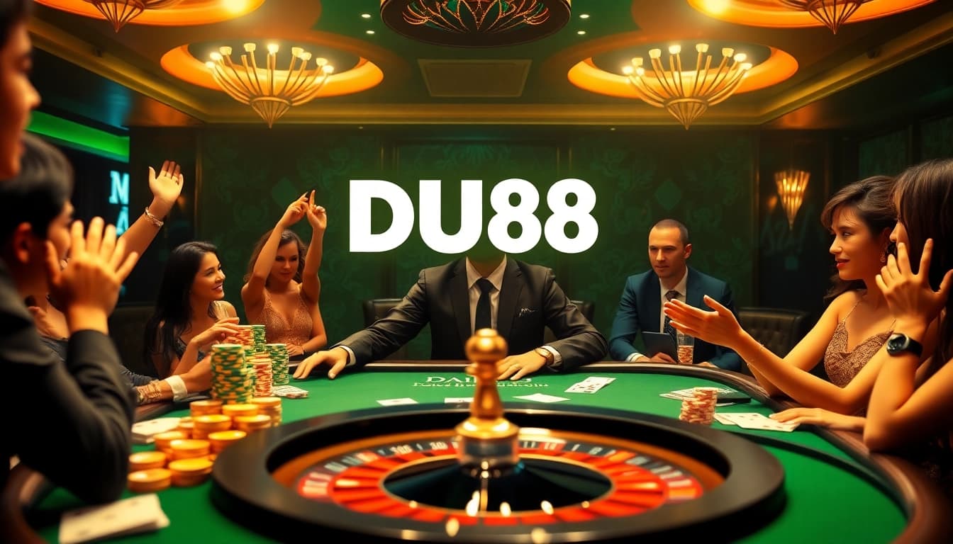 DU88 casino scene showcasing professional gambling with vibrant poker tables and excited players.