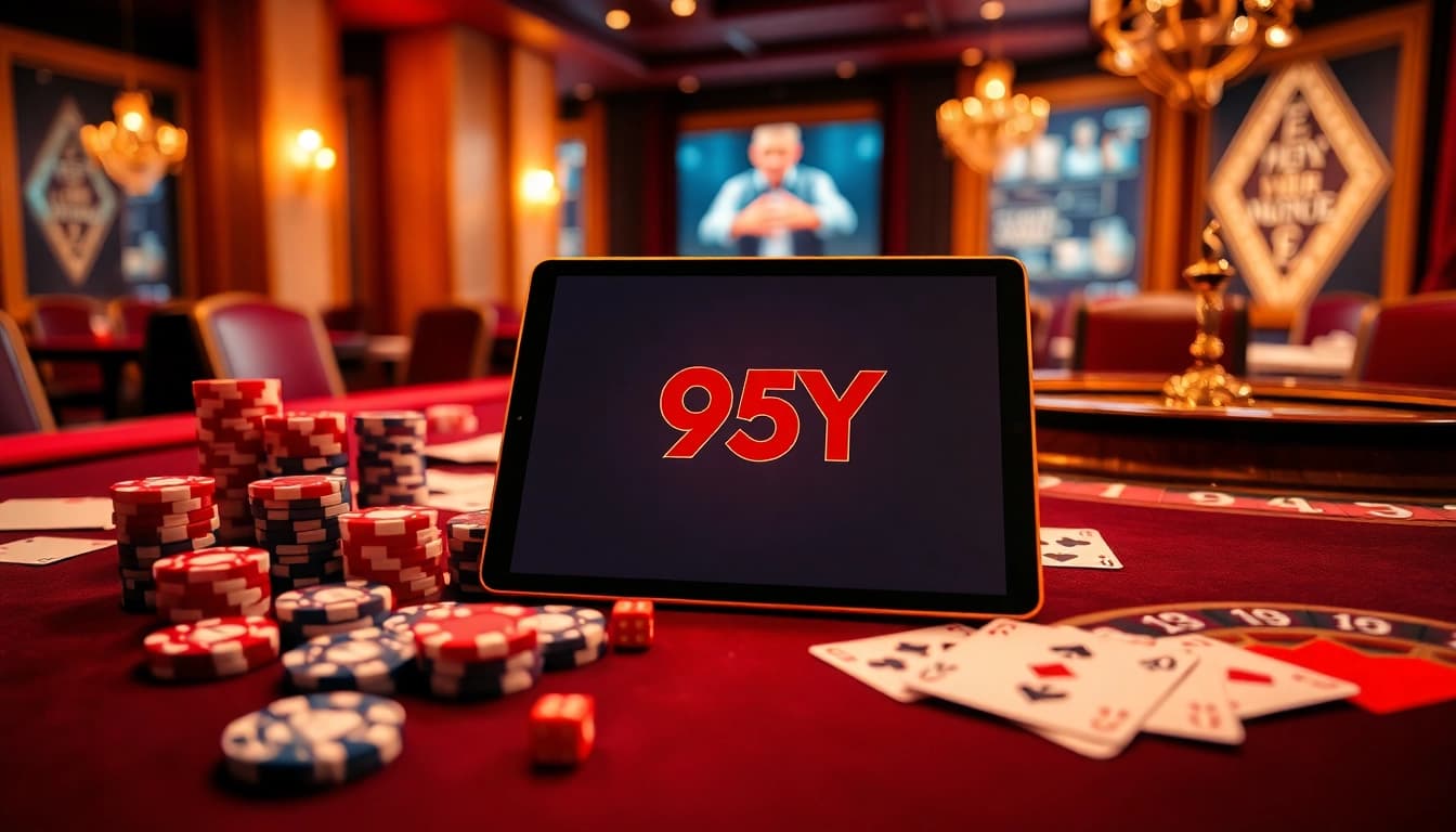 Engage in thrilling gameplay with 95Y at a luxurious casino table featuring vibrant chips and cards.
