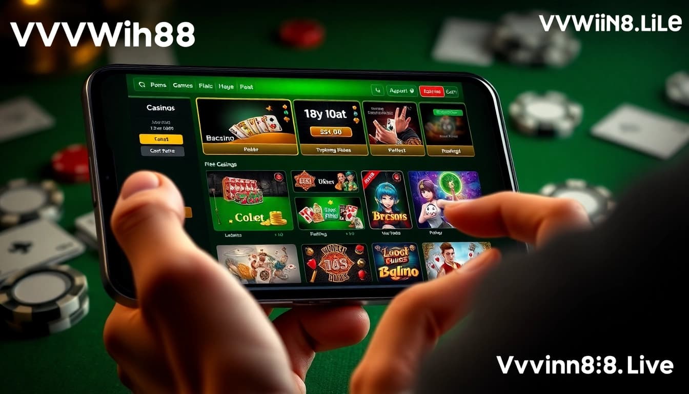 Engaging online gaming interface showcasing vvvwin88.live with Baccarat and Poker games on mobile device.