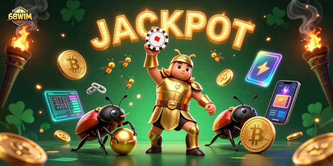 Hit the jackpot with 68WIM while the heroes lift the prize in this vibrant casino scene.