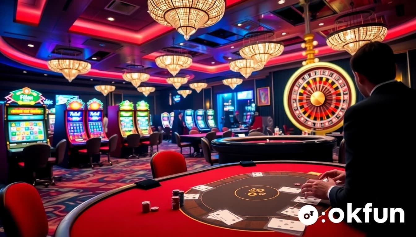 Experience thrilling action at a luxurious casino with the okfun app, capturing poker and slot excitement.