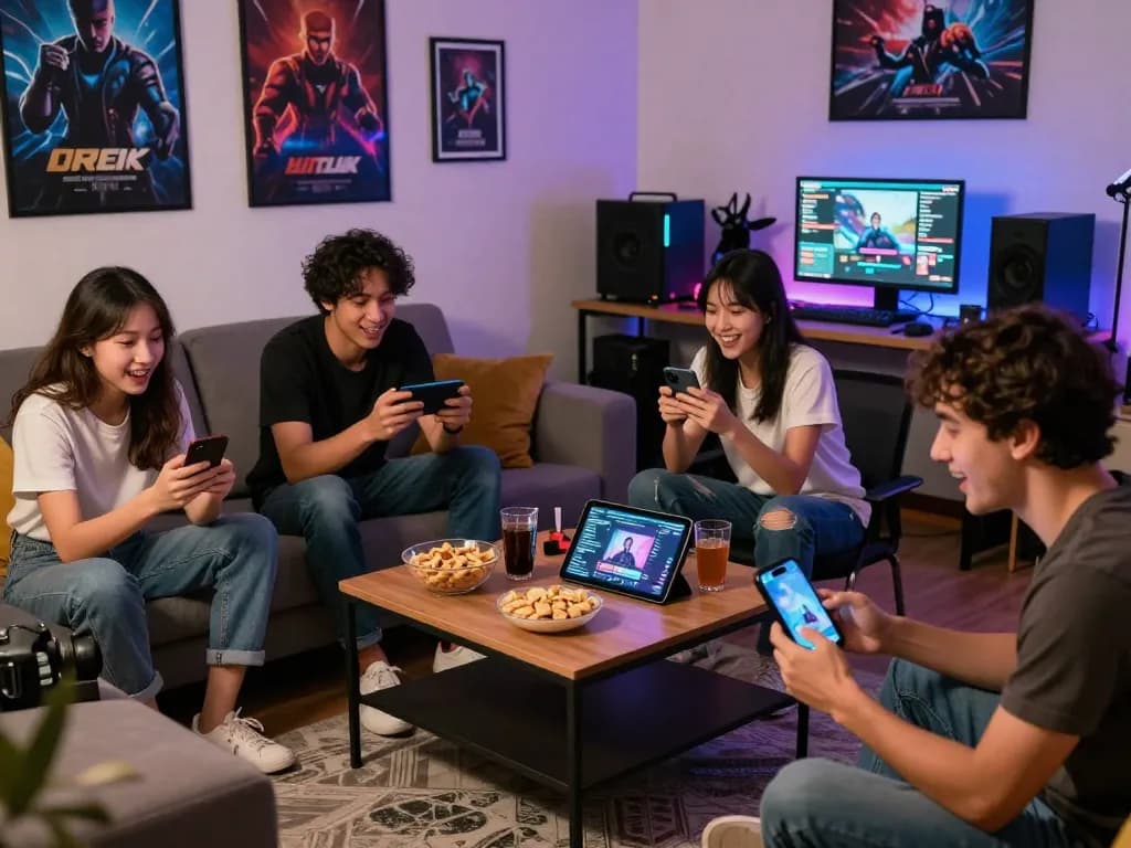 Exciting scene of friends enjoying gameplay while tải hitclub on smartphones in a cozy living room.