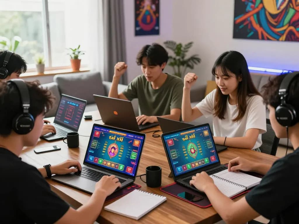 Exciting scene of players enjoying tài xỉu online, celebrating wins and strategizing in a vibrant home gaming environment.