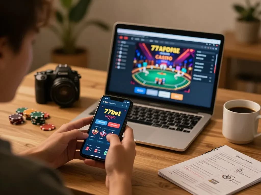 Engaging with the 77bet casino app on a smartphone for a thrilling home gaming experience