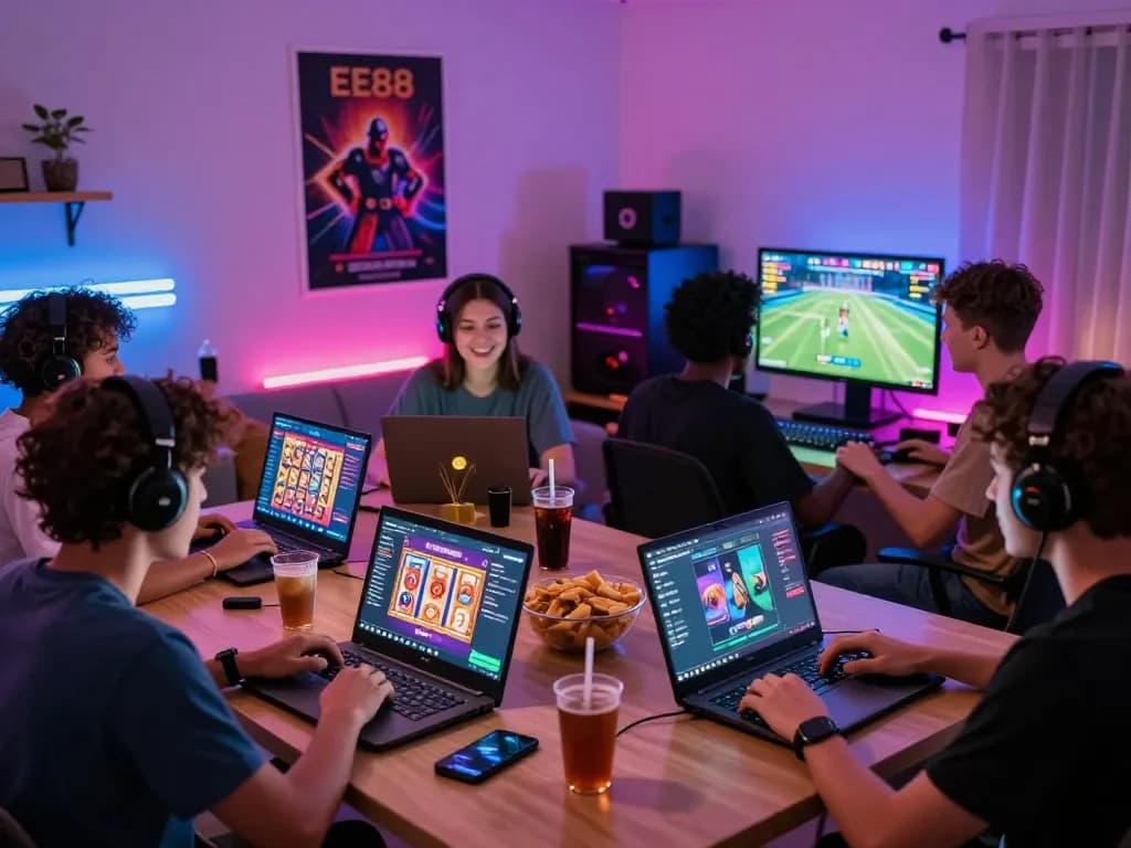 Players enjoying online games at home on EE88 platform, showcasing excitement and social interaction.