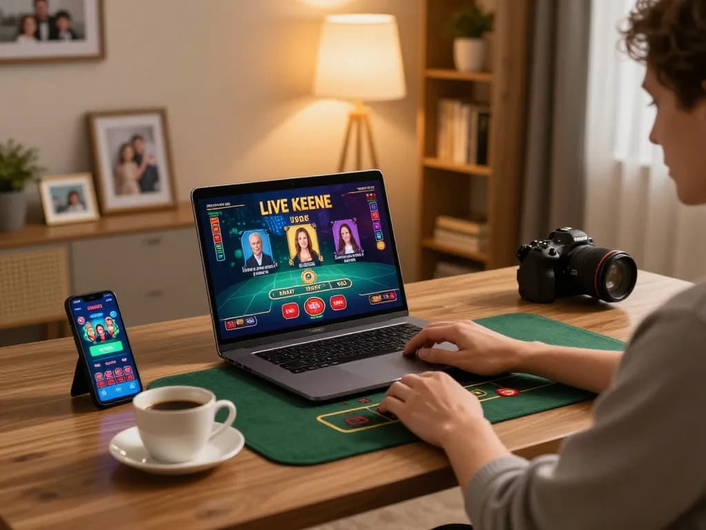 Engage in tải hitclub online casino games with a stylish gaming setup, laptop and smartphone visible.