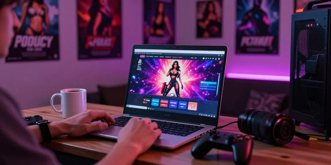 Player enjoying porn games HTML with interactive gameplay, cozy gaming setup with neon lights.