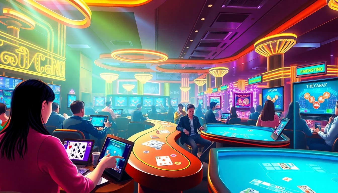 Exciting virtual casino scene showcasing players engaging in card games, representing gamebaidoithuong.com.vc's vibrant gaming experience.