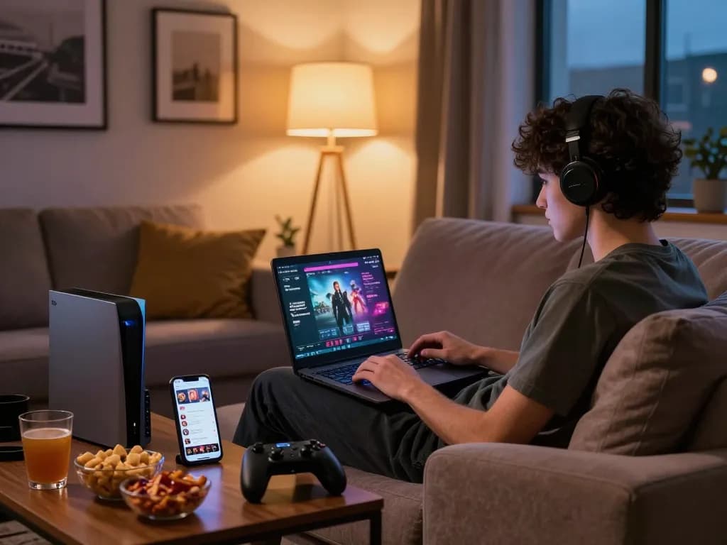 Engaging scene of a person playing a porn game on a laptop in a cozy living room.