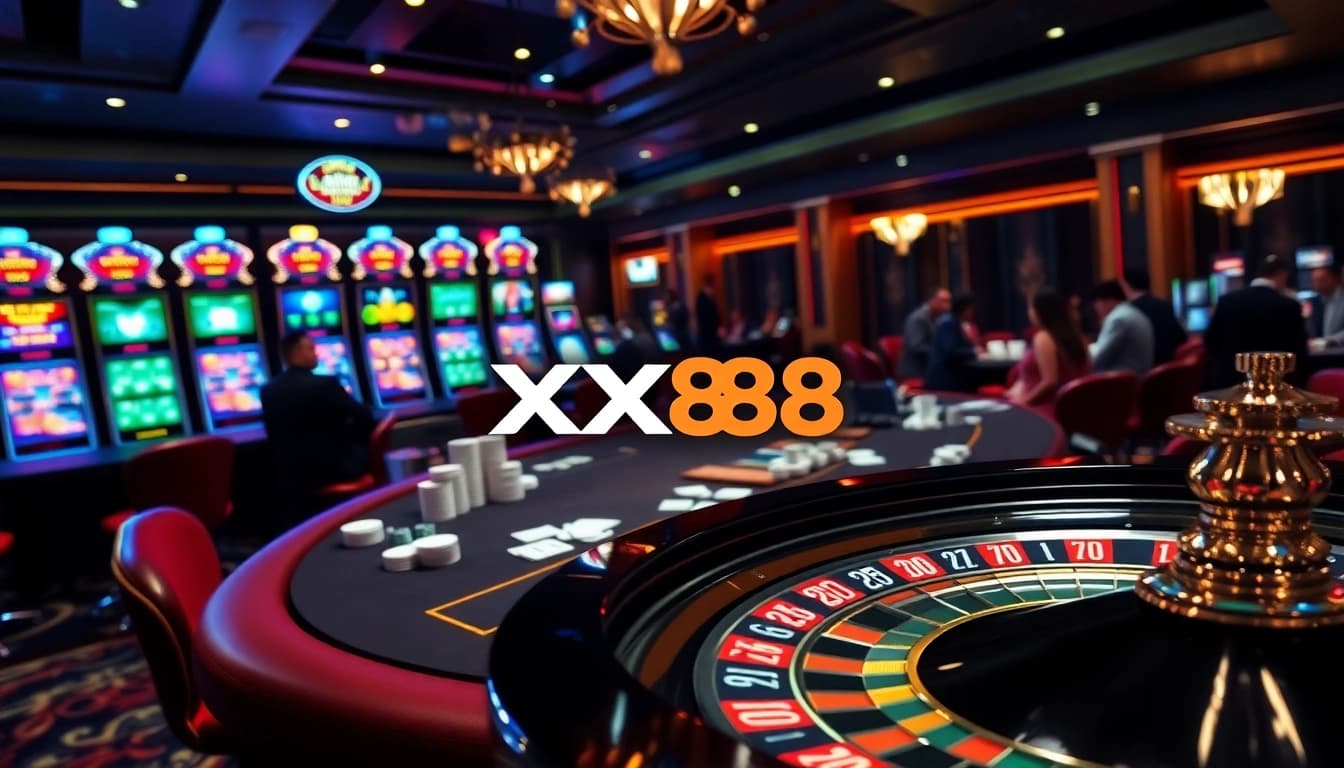 Thrilling casino visuals featuring XX88 branding on poker chips and illuminated slot machines.
