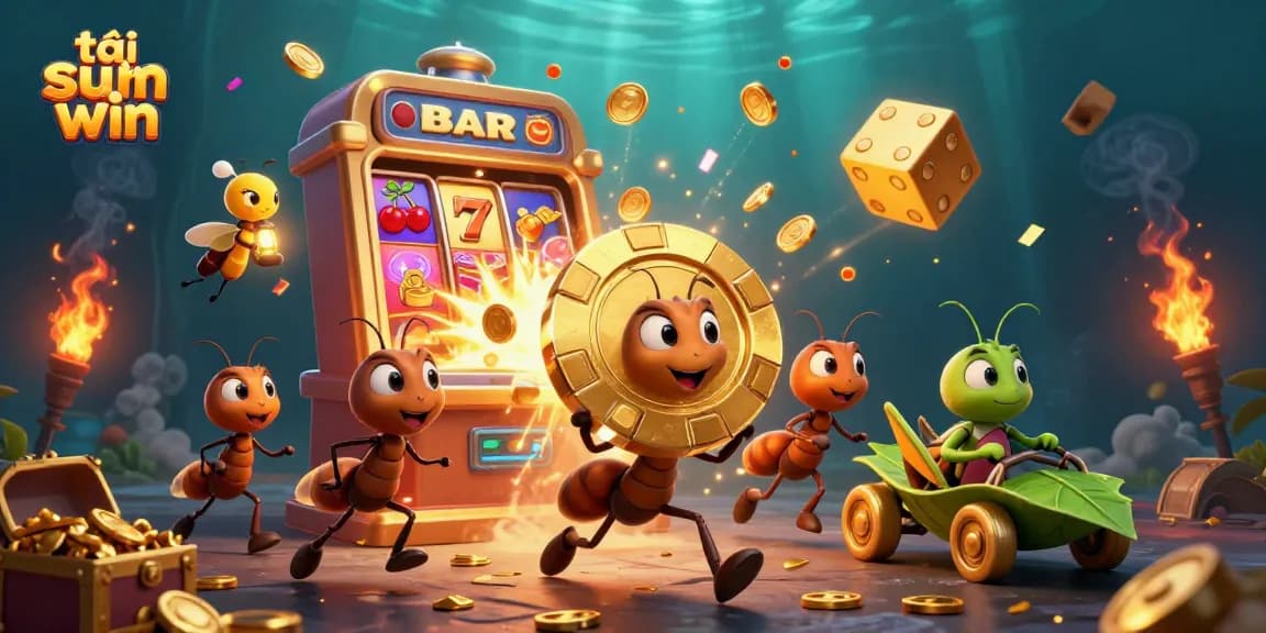 Engage in thrilling gameplay with tải sun win as 3D ants embark on a heist in a vibrant casino-themed illustration.