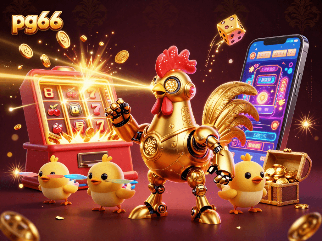 Experience the thrilling action at pg66 with a dynamic 3D golden rooster robot amidst a jackpot explosion.