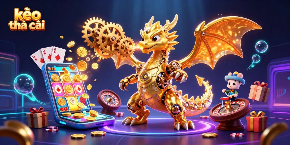 Engage with kèo nhà cái, featuring a dragon breathing gears alongside vibrant slot game visuals.