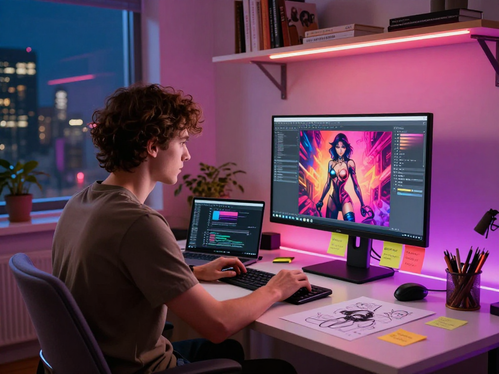 Workspace focused on NSFW content creation with modern tech, vibrant atmosphere, and creative elements.