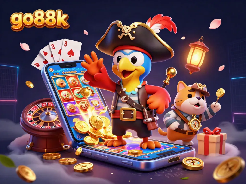 go88k showcases a vibrant scene with a cartoon pirate captain and casino elements, enhancing gaming excitement.