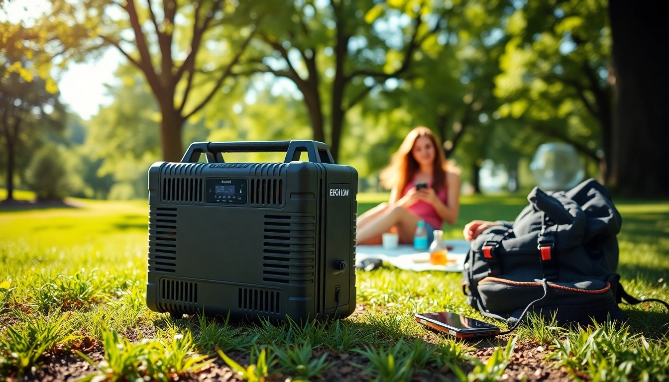 EcoFlow power station charging devices in a sunny outdoor setting.