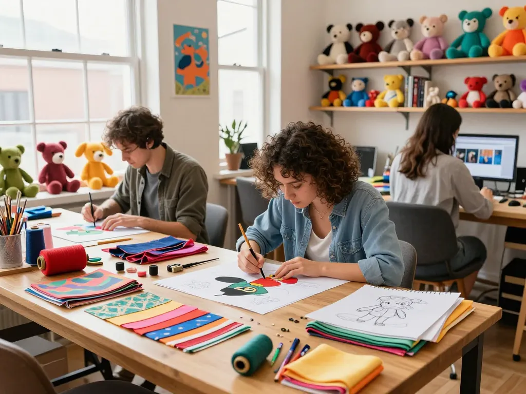 Creating custom plushies in a colorful craft studio, showcasing vibrant fabrics and creative designs.