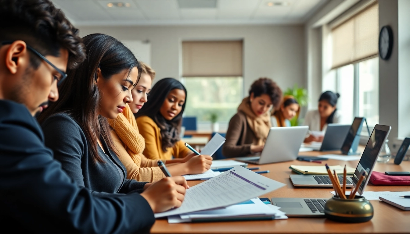 Applicants diligently completing the eta uk application form in a bright office environment.