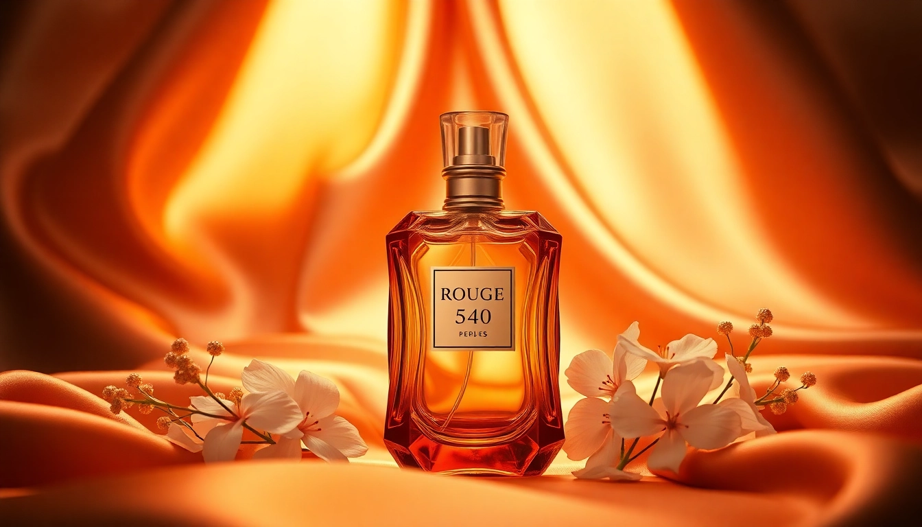 Showcase of Rouge 540 perfume with luxurious gold accents and elegant floral decor.