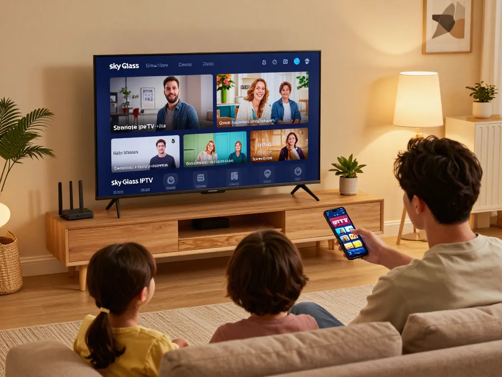 Sky Glass IPTV installation Guide setup in a modern living room with family streaming on a Smart TV.
