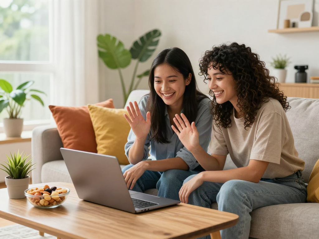 Friends enjoying a spicychat on a laptop in a cozy living room.