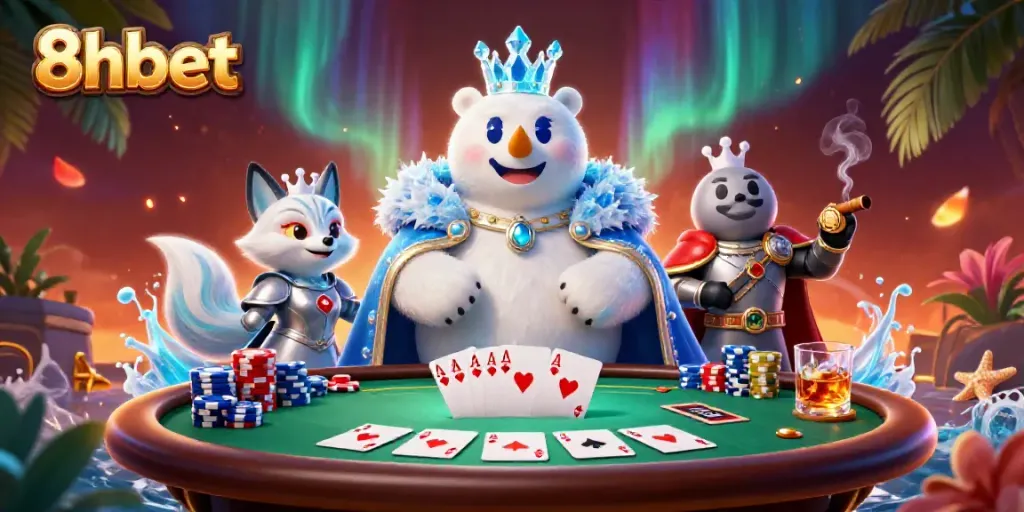Engage with 8xbet's thrilling poker scene featuring a cartoon polar bear and snow fox in a vibrant illustration.