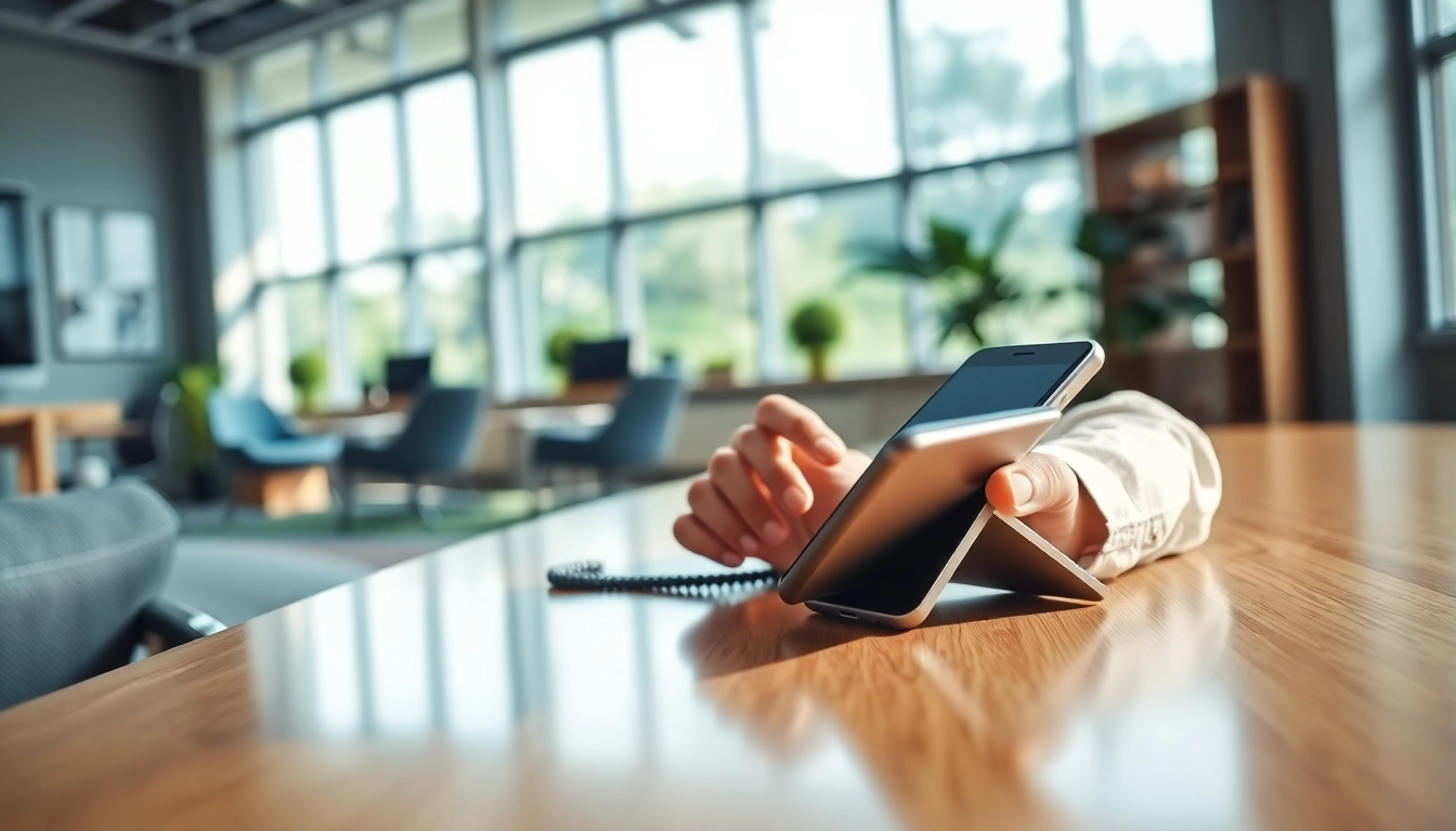 Utilizing small business phone service in a modern office setting with engaging technology.