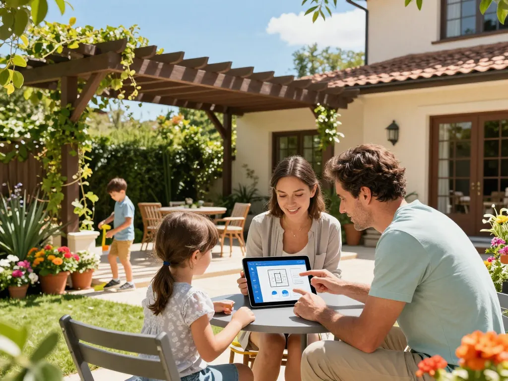 Family using pergola configurator software in a sunny backyard, discussing design options together.