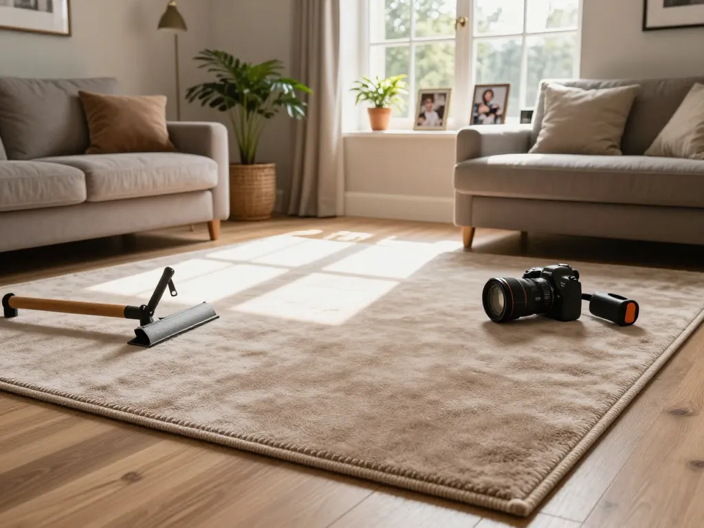Expert carpet fitting services West London showcased in a cozy living room with a professional installer at work.