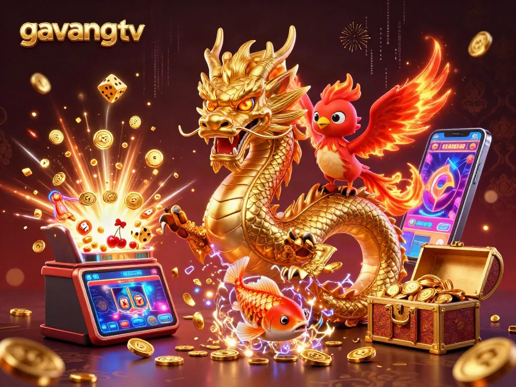 Join the excitement of gavangtv with a dragon, phoenix, and koi fish amidst coins and jackpot elements.