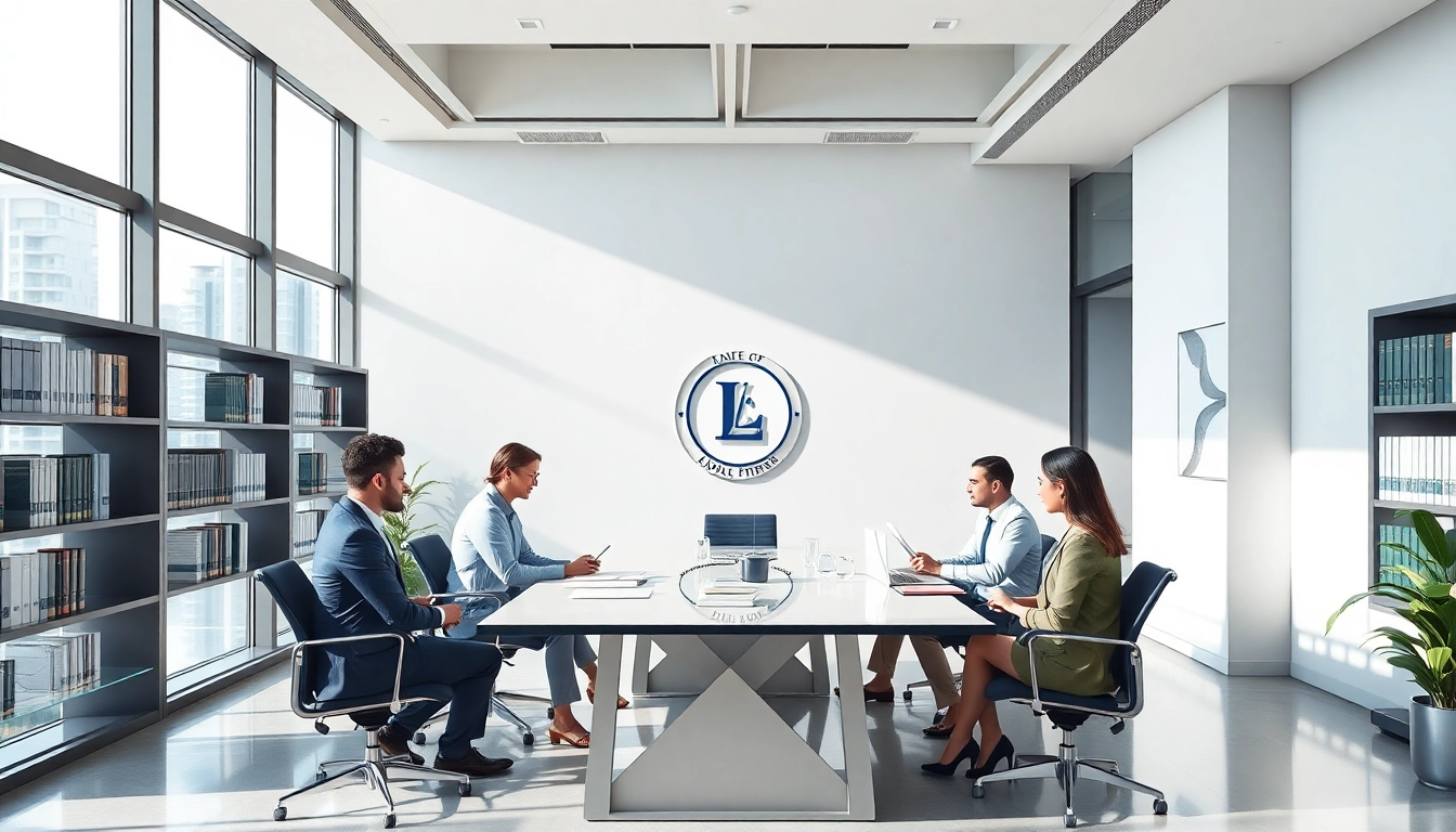 A modern law firm in the US with a professional team discussing legal matters in Miami.