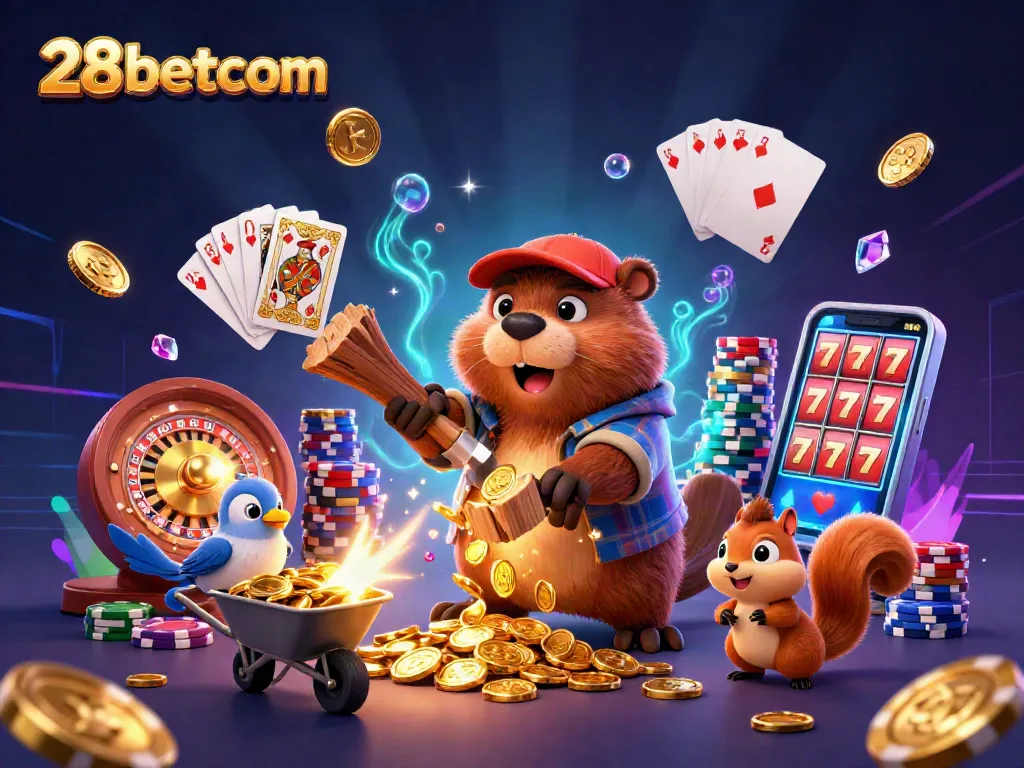 28betcom's vibrant 3D casino scene with a playful beaver and treasures from the gambling world.