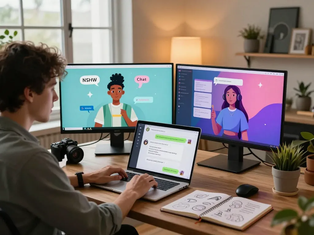 Engaging in nsfw ai chat on a modern laptop surrounded by vibrant screens showcasing AI character designs.