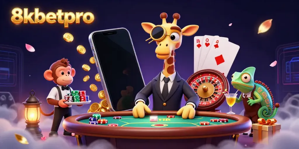 Experience thrilling gameplay with 8xbetpro as a giraffe in a suit plays poker with vibrant casino elements.