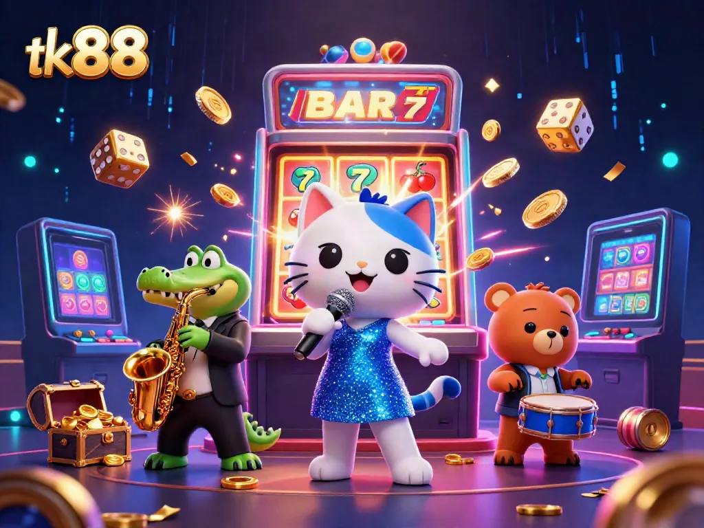 Engage in winning slots and jackpots at tk 88 with captivating characters in a lively casino scene.