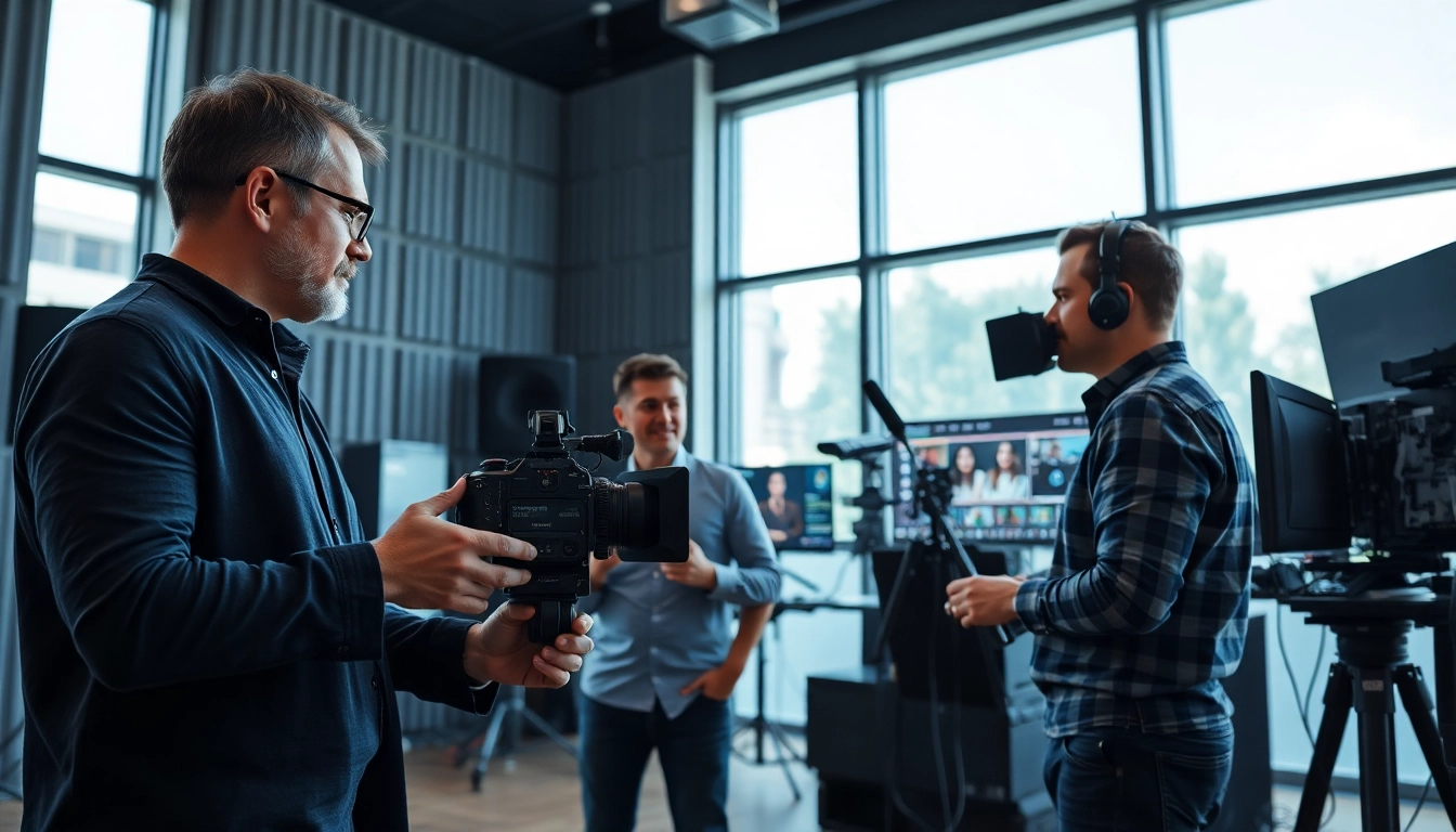 Showcase of corporate video production process featuring filmmakers collaborating in a modern studio.