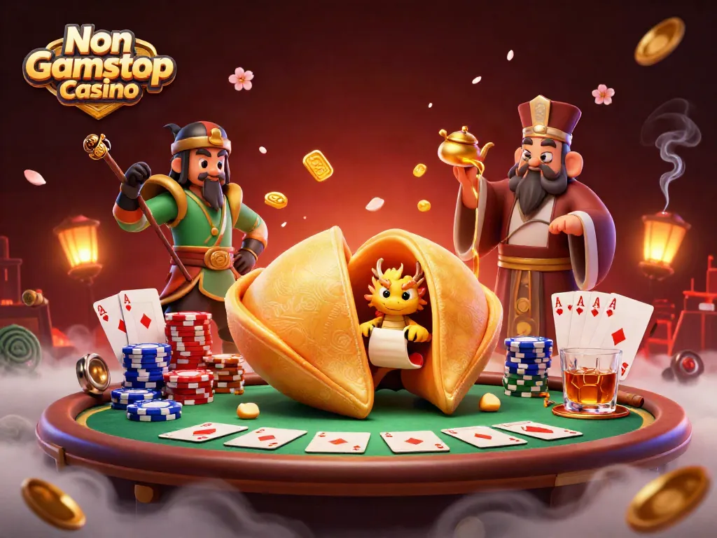 Engaging scene highlighting the Non Gamstop Casino with a dragon reading fortunes amidst vibrant casino elements.