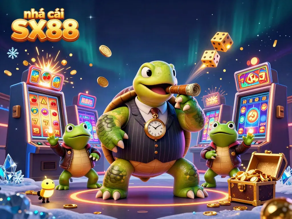 Experience excitement at nhà cái SX88 with vibrant 3D casino illustration featuring unique characters and game elements.