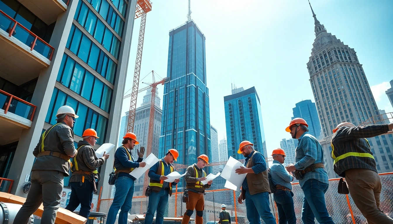 New York City Commercial General Contractor overseeing a construction project with a diverse crew of professionals.