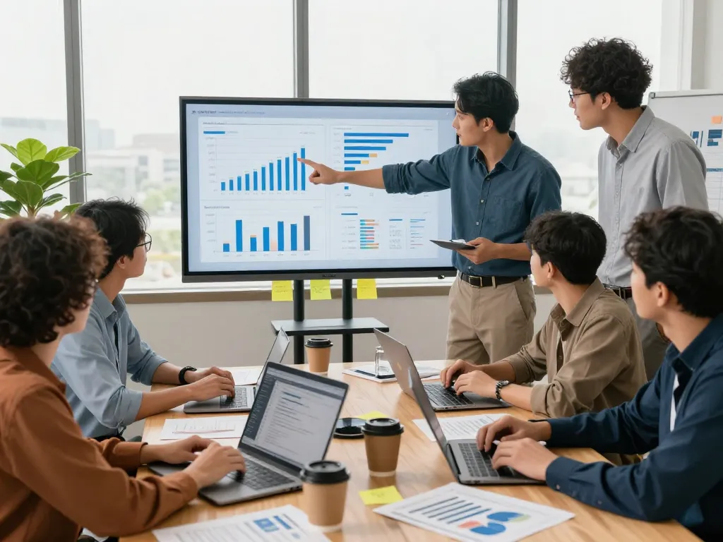 Team analyzing SEO Reports in a modern office, displaying data and insights collaboratively.
