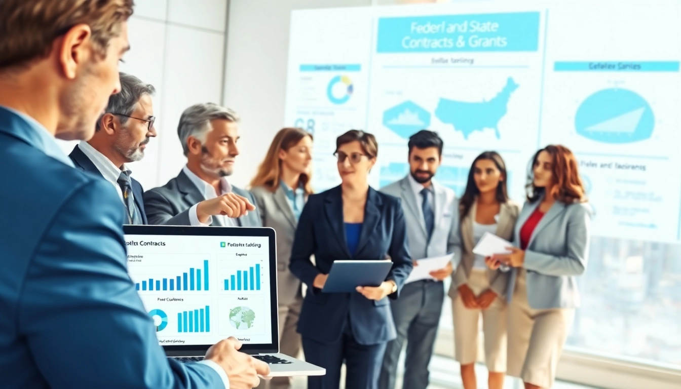 Engaged businesspeople collaborating on Federal and State contracts and grants in a modern office.