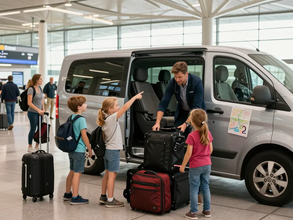 Minibus to Manchester Airport with family loading luggage and professional driver assisting in bright morning light.