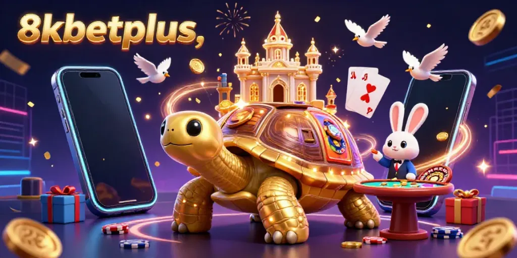 Experience thrilling games with 8xbetplus in this dynamic casino scene featuring a golden tortoise and a dealer.