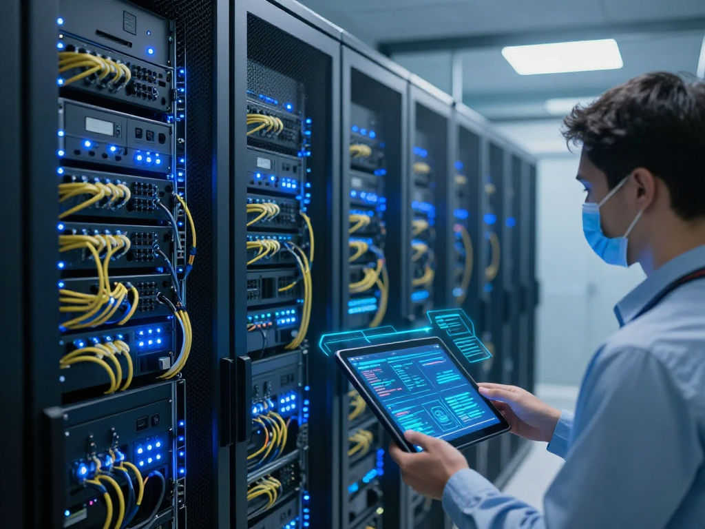 UK IPTV solutions within high-tech cloud computing environment, showcasing advanced server infrastructure and monitoring technology.